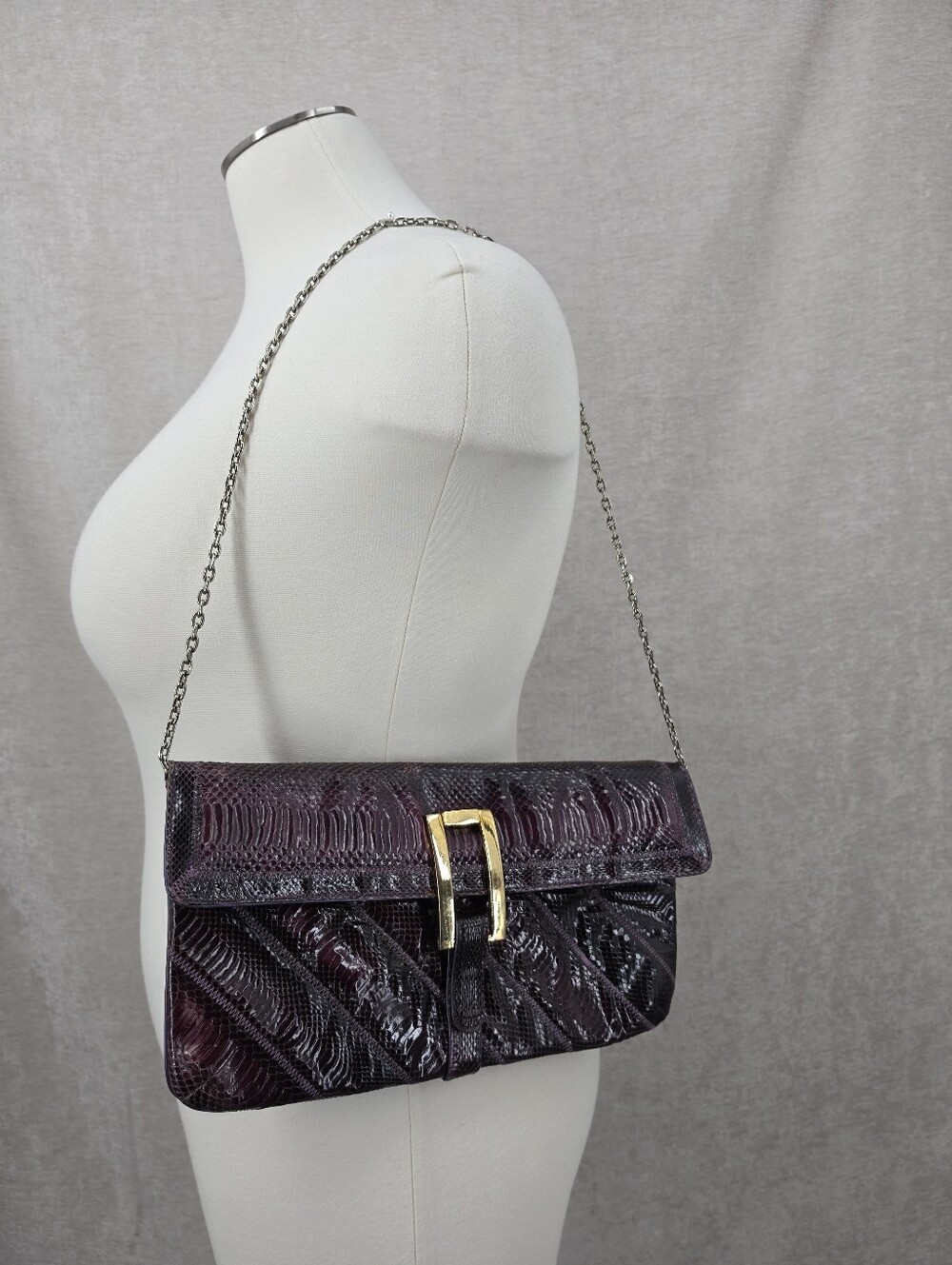 Vintage 70s Purple Wine Genuine Snakeskin Leather Oversized Envelope Clutch